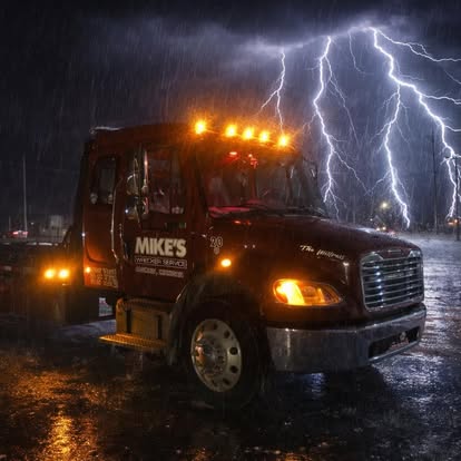 Mike's Wrecker truck on a call during a lightning storm